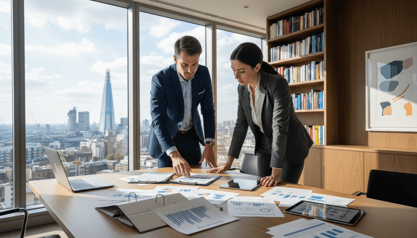 Two professionals analyze financial records and an investigation flowchart in a modern office setting.
