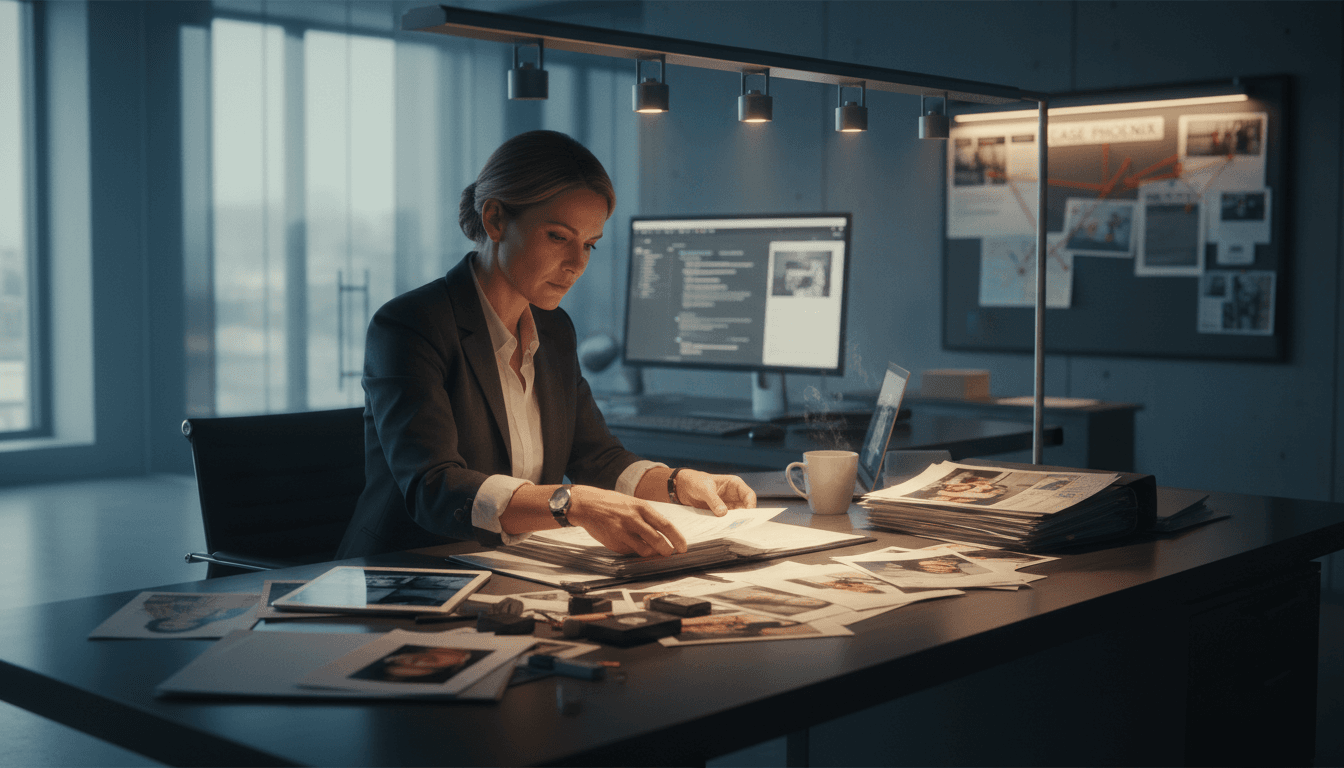 Professional reviewing investigative findings in a modern office setting