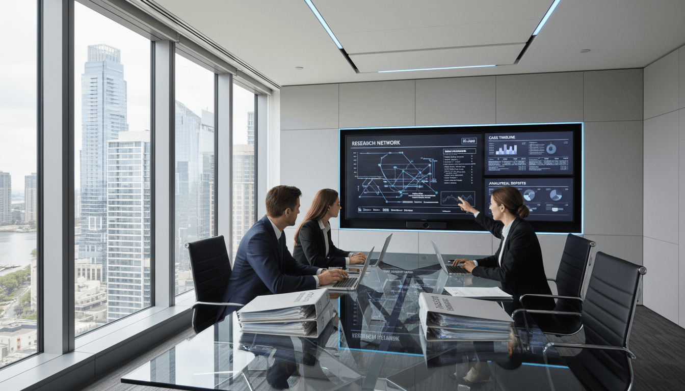 Corporate investigators in a professional boardroom conducting a confidential consultation