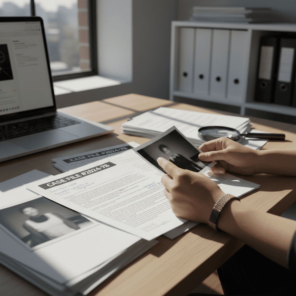 Corporate investigator analyzing compliance documentation