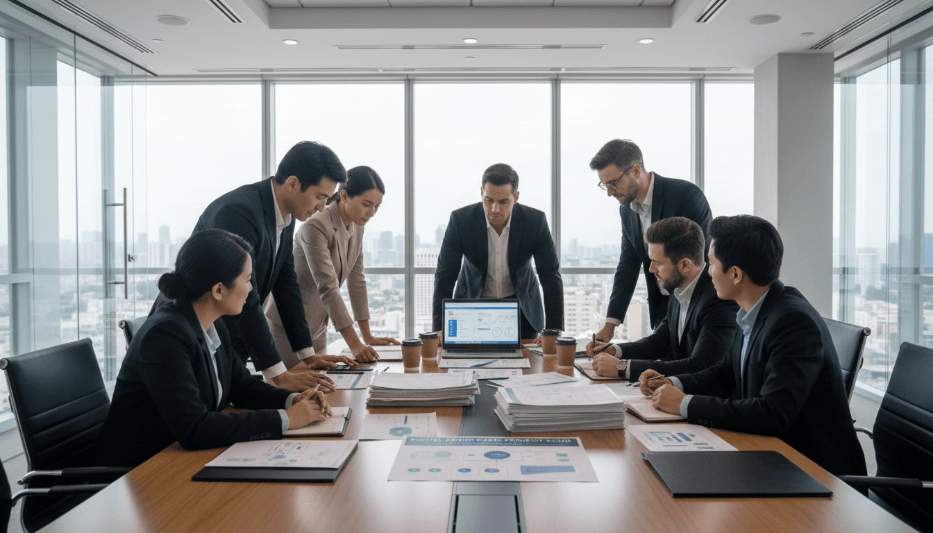 Team members collaborating in a modern office setting