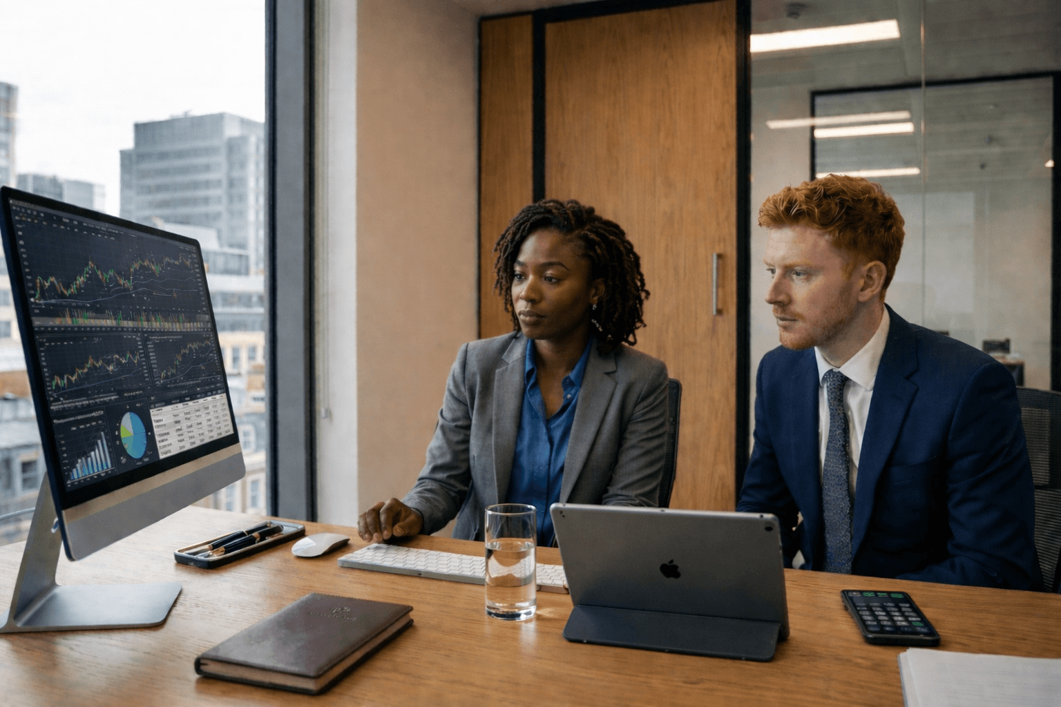 Two business professionals in suits analyze financial charts and data on a large computer monitor.