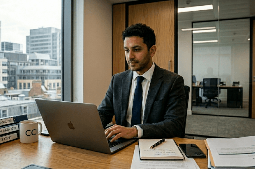 Man in a suit works on a laptop at a desk overlooking the city.