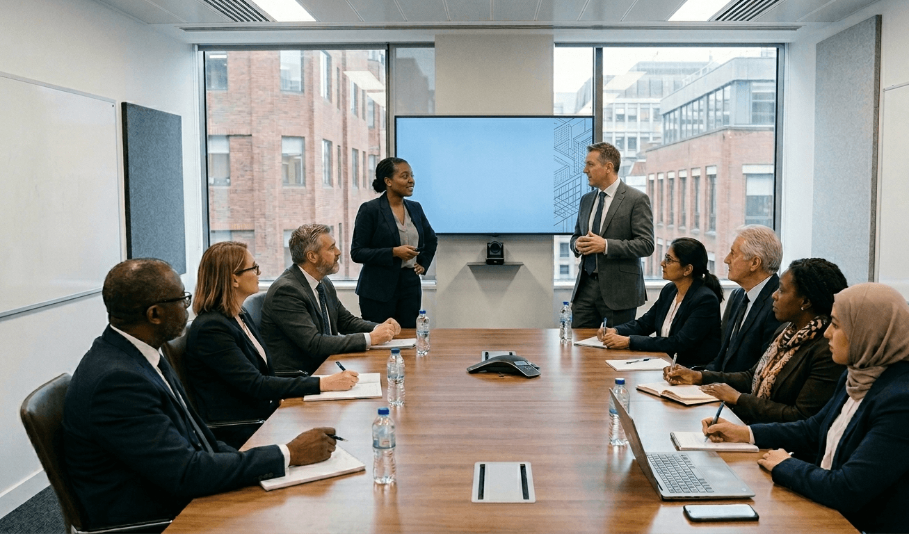 Diverse business professionals in a conference room listening to two colleagues leading a presentation.