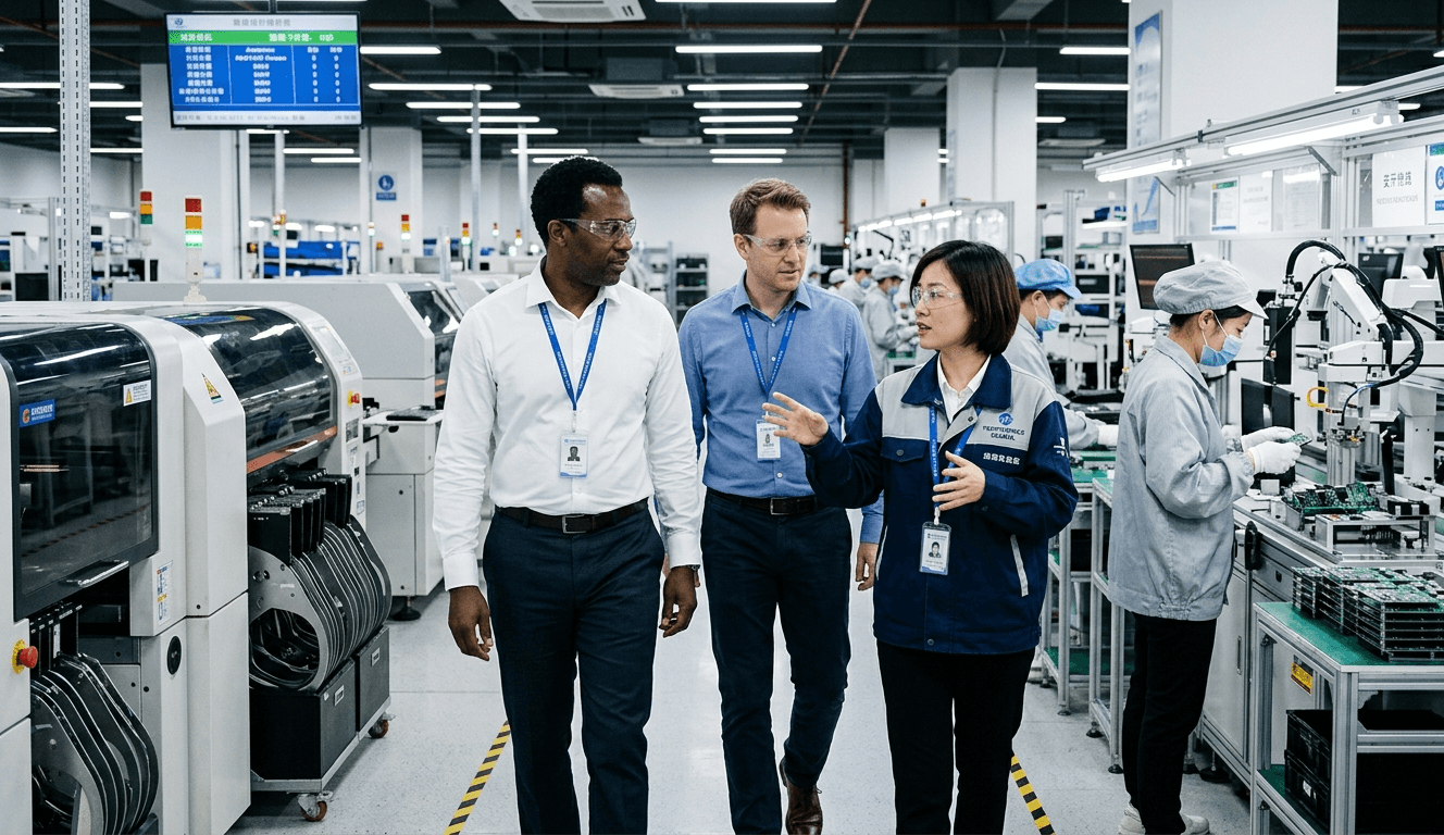 Three professionals in safety glasses walk through a modern electronics factory discussing production processes.