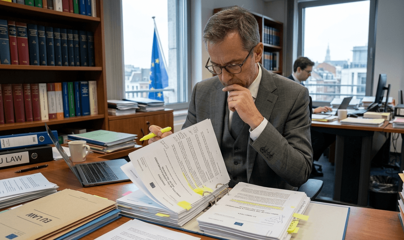 Man in a grey suit reviews legal documents in a binder at an office desk.