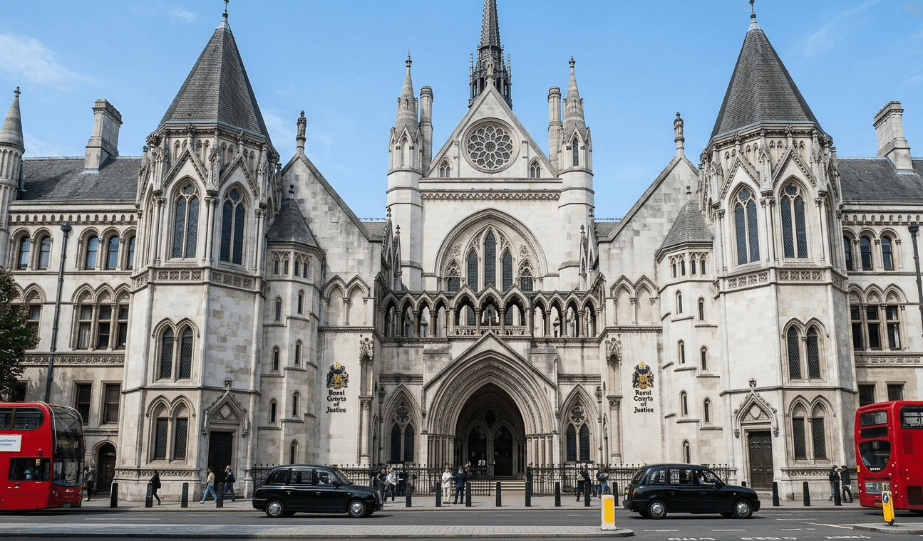 Victorian Gothic Royal Courts of Justice in London with red buses and black taxis.